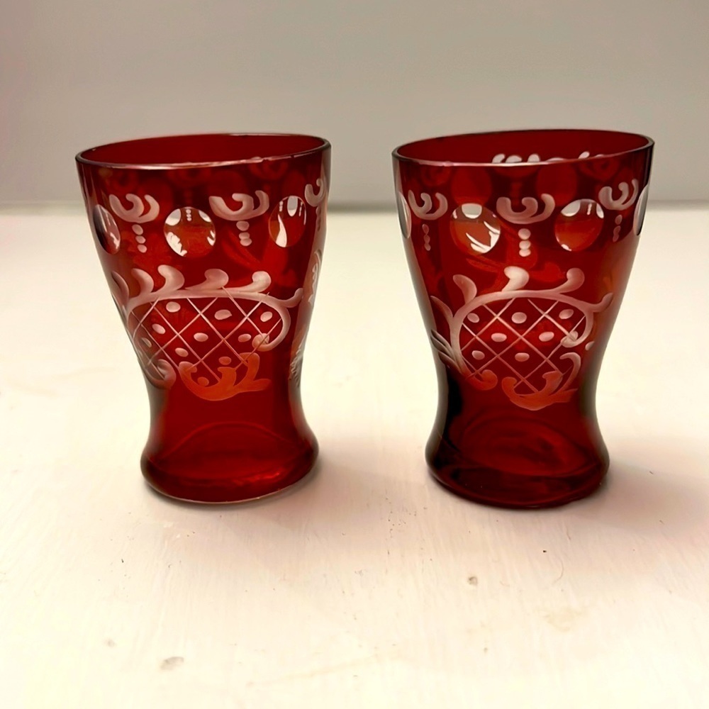Pair of Bohemian Ruby red cordial glasses
